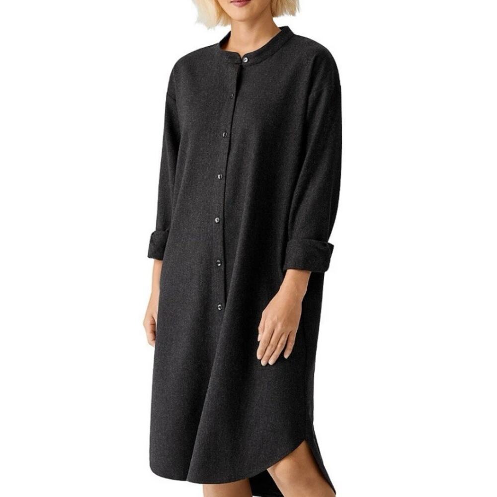 New Eileen Fisher Womens Petite Large Mandarin Collar Shirt Wool Gray Lagenlook